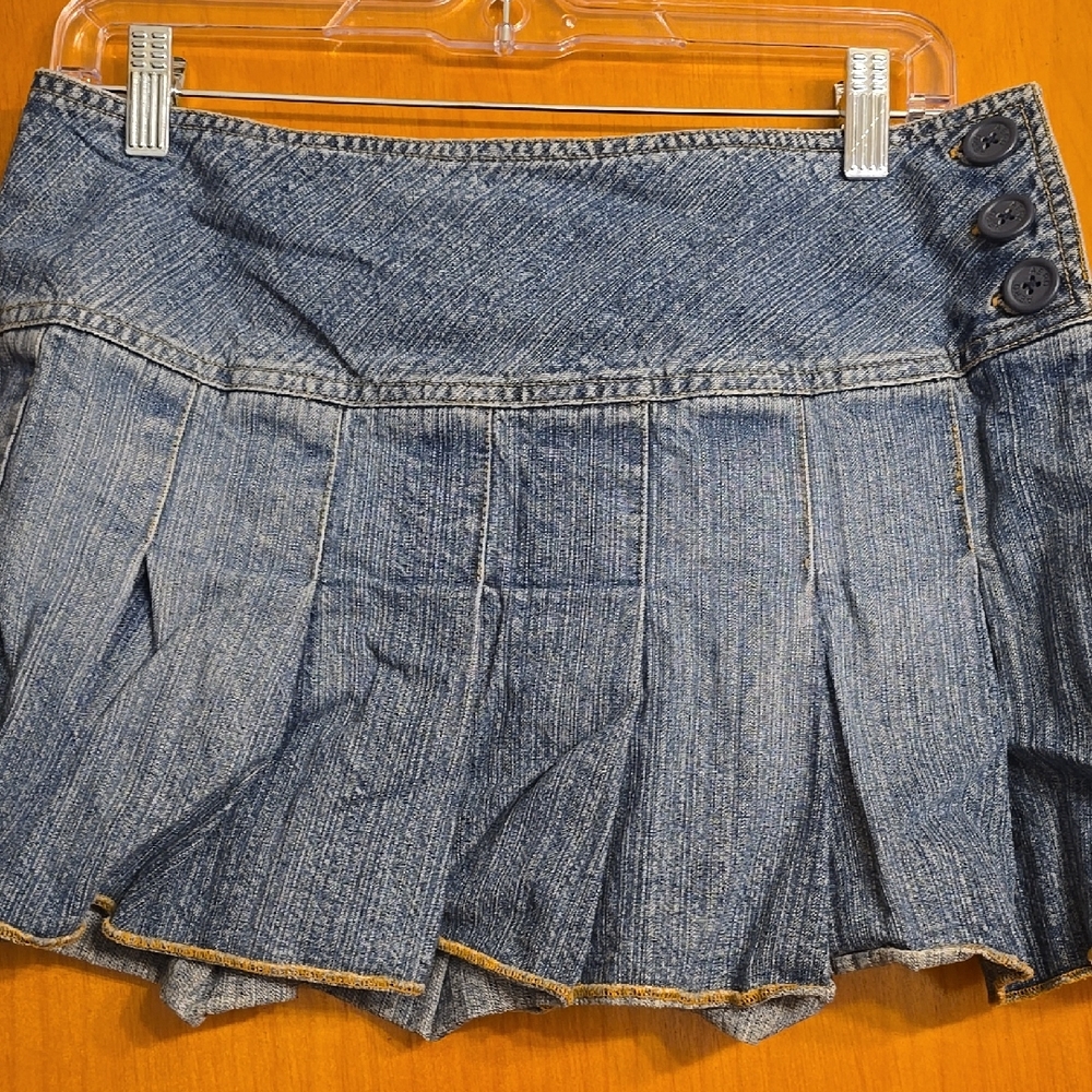Denim Pleated Mini Skirt with Button Detail